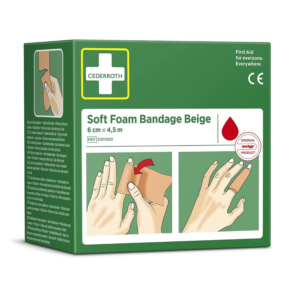 Pansement Cederroth Soft Foam Beige, 6 cm x 4,5 m. Boîte avec instructions d'application multilingues.