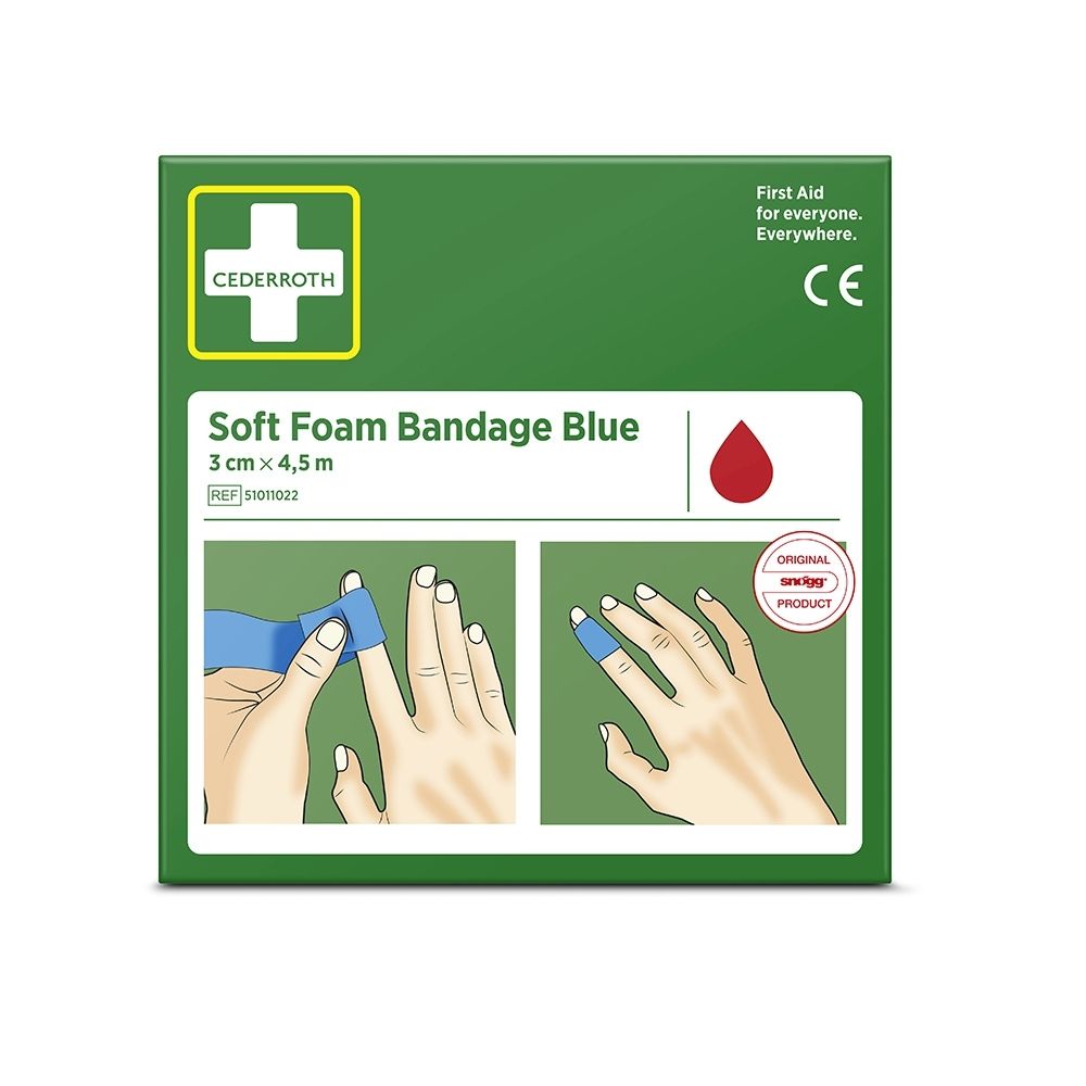 Face avant de l'emballage vert pour Cederroth Soft Foam Bandage Blue, 3cm x 4,5m. Montre l'application sur le doigt.