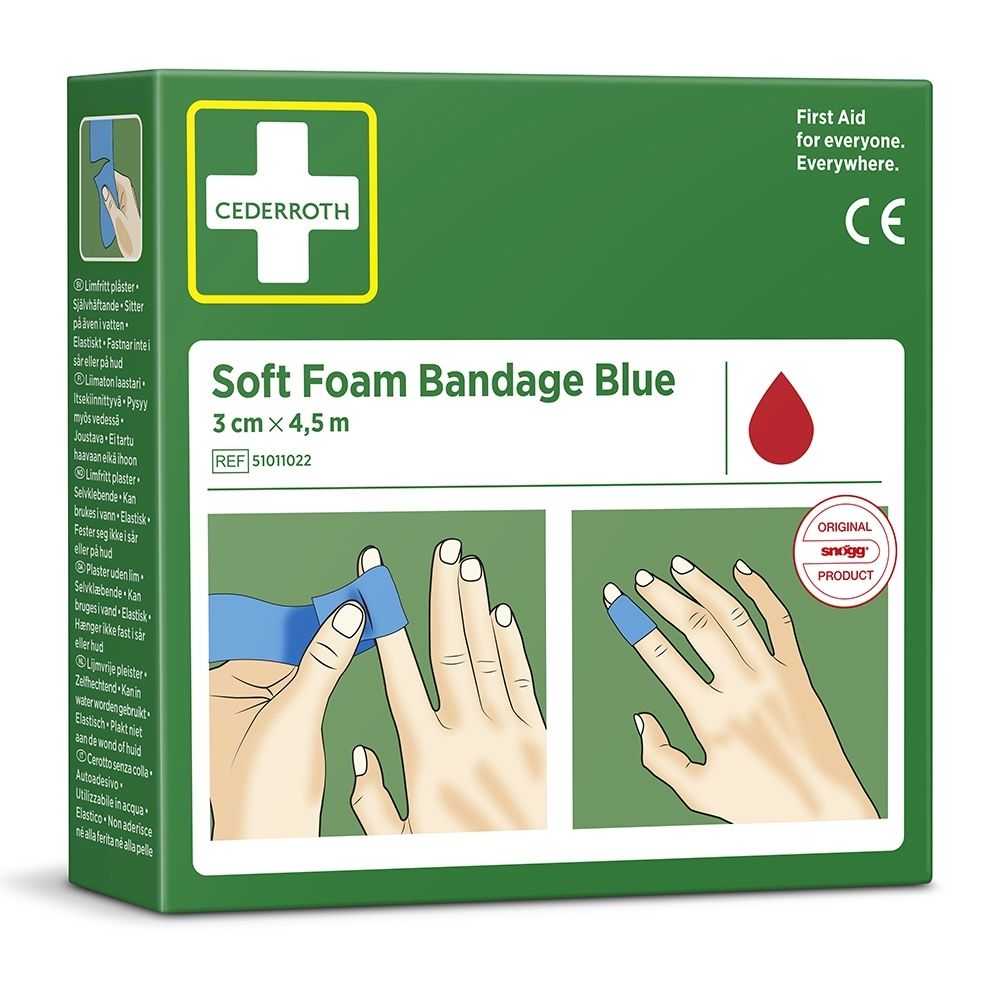 Emballage vert pour Cederroth Soft Foam Bandage Blue, 3cm x 4,5m. Montre l'application sur le doigt.