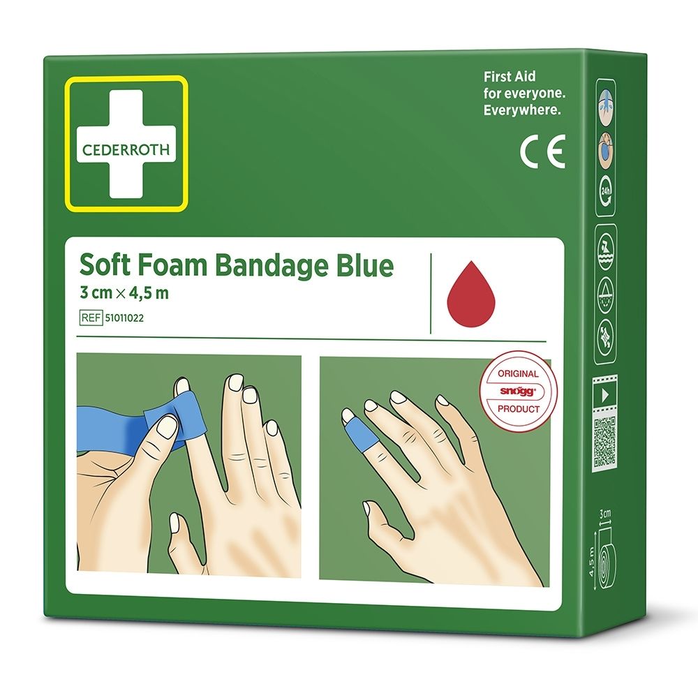 Emballage vert pour Cederroth Soft Foam Bandage Blue, 3cm x 4,5m. Montre l'application sur le doigt.