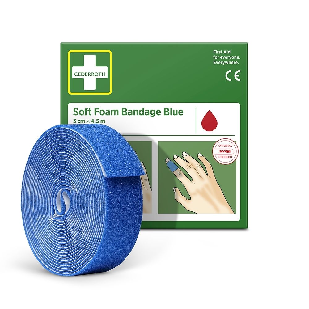 Vue latérale de l'emballage vert pour Cederroth Soft Foam Bandage Blue. Montre les icônes d'application et la taille du rouleau.
