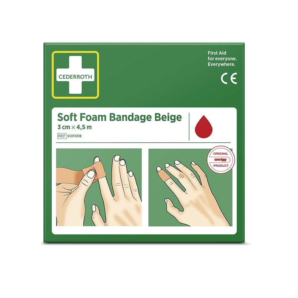 Avant de l'emballage vert Cederroth Soft Foam Bandage Beige 3cm x 4,5m. Montre l'application sur les doigts.