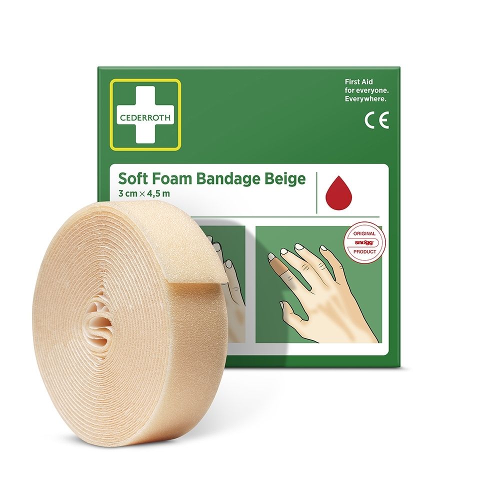 Arrière de l'emballage vert Cederroth Soft Foam Bandage Beige 3cm x 4,5m avec instructions d'utilisation.