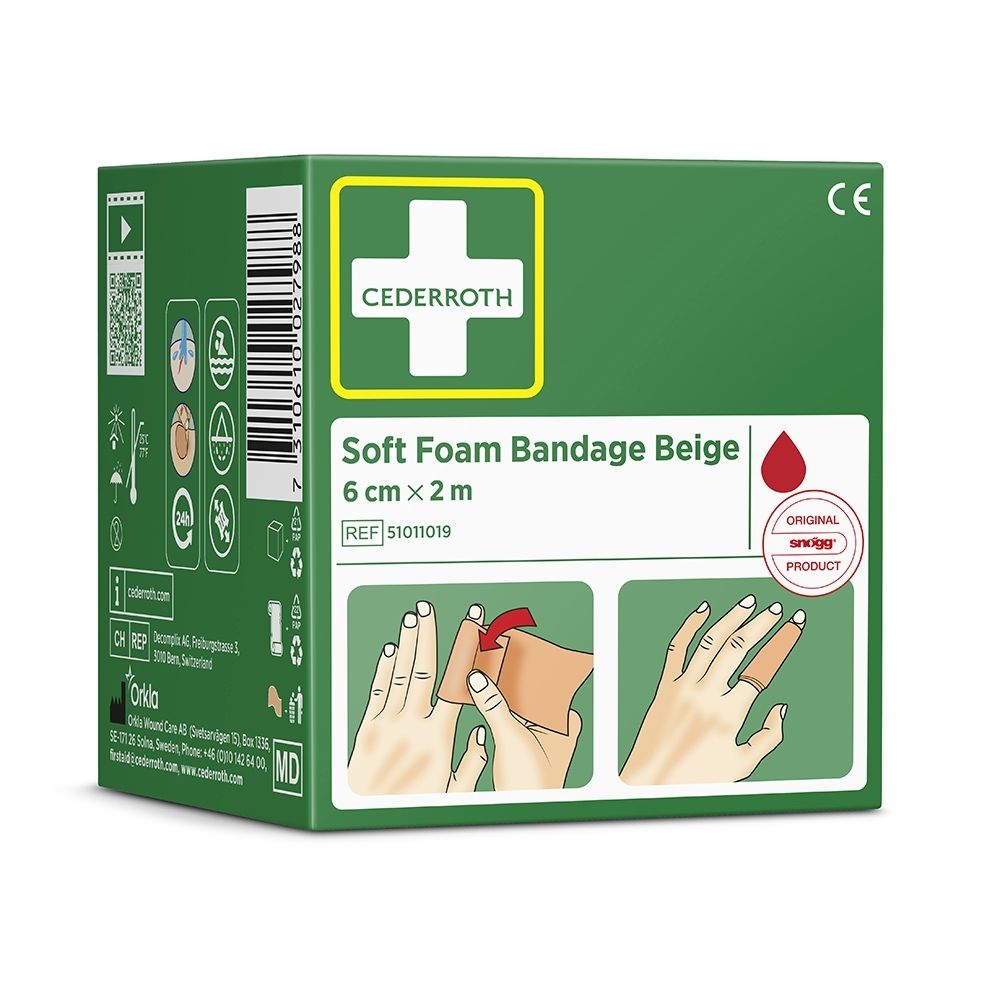 Emballage Cederroth Soft Foam Bandage Beige, 6cm x 2m. Montre l'application sur le doigt.