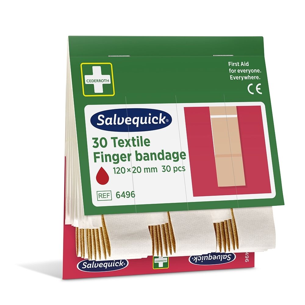 Salvequick Pansements Doigts Textile, 30 pièces, 120x20 mm. Face avant avec illustration du produit.