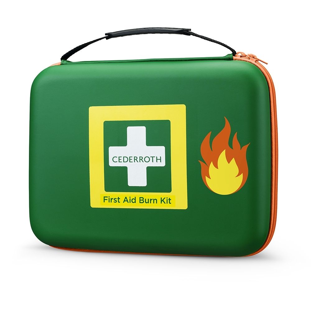 Trousse de premiers secours pour brûlures fermée, avec logo Cederroth et symbole de flamme.
