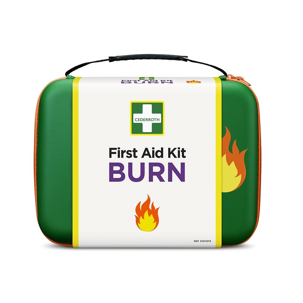 Trousse de premiers secours pour brûlures fermée, avec logo Cederroth et symbole de flamme.