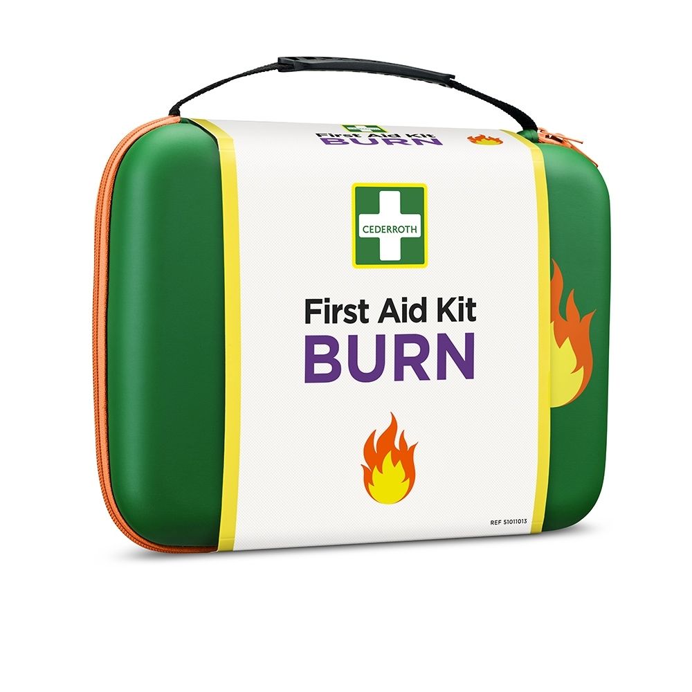 Trousse de premiers secours pour brûlures fermée, avec logo Cederroth et symbole de flamme.