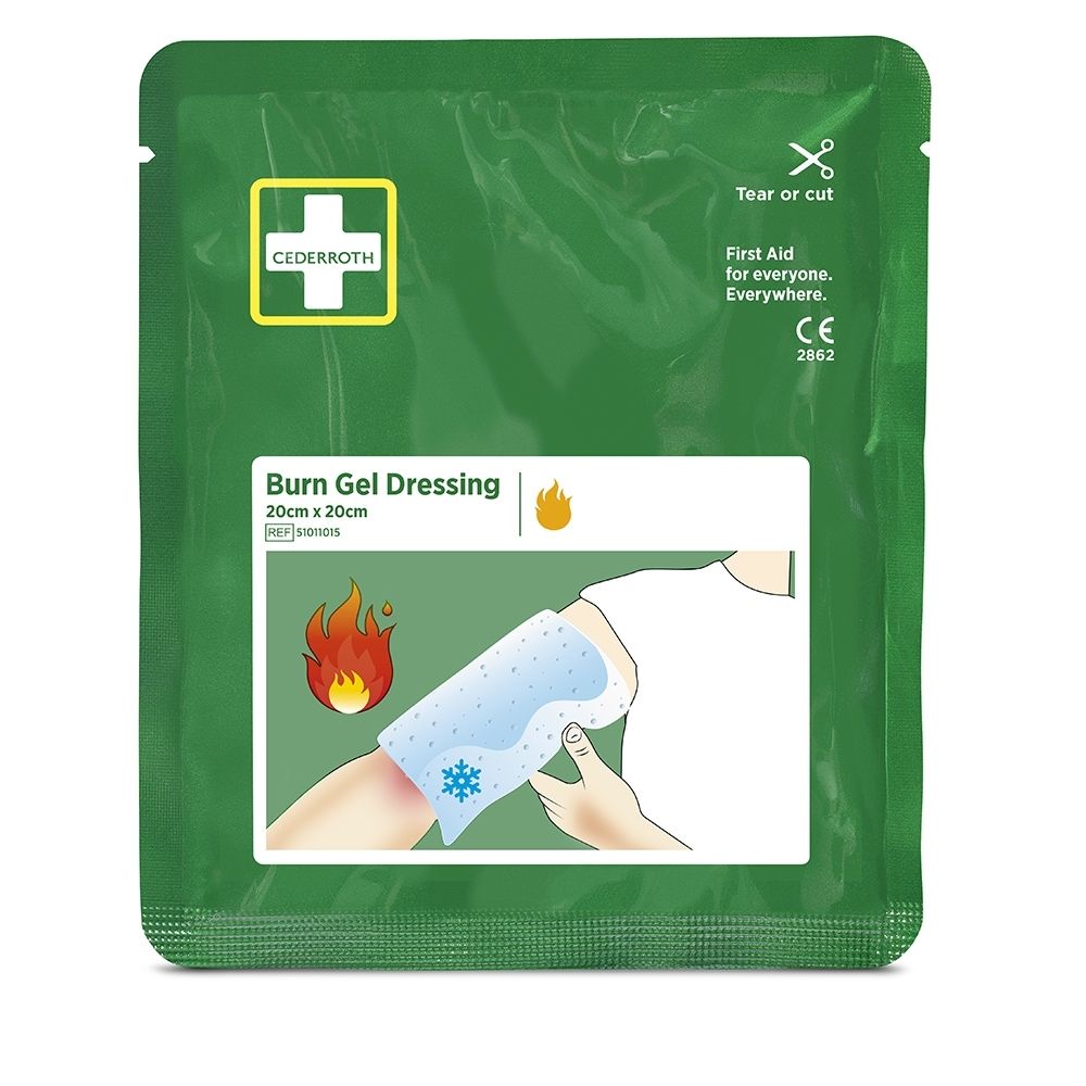 Pansement Cederroth Burn Gel 20x20cm. Emballage vert avec croix blanche et symbole de flamme.