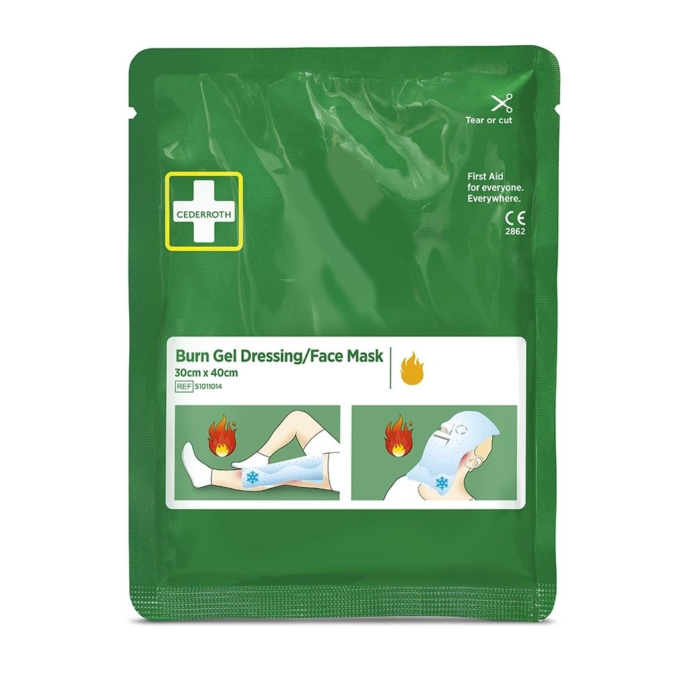 Pansement/Masque visage Cederroth Burn Gel, 30x40cm. Illustre l'application sur jambe et visage.