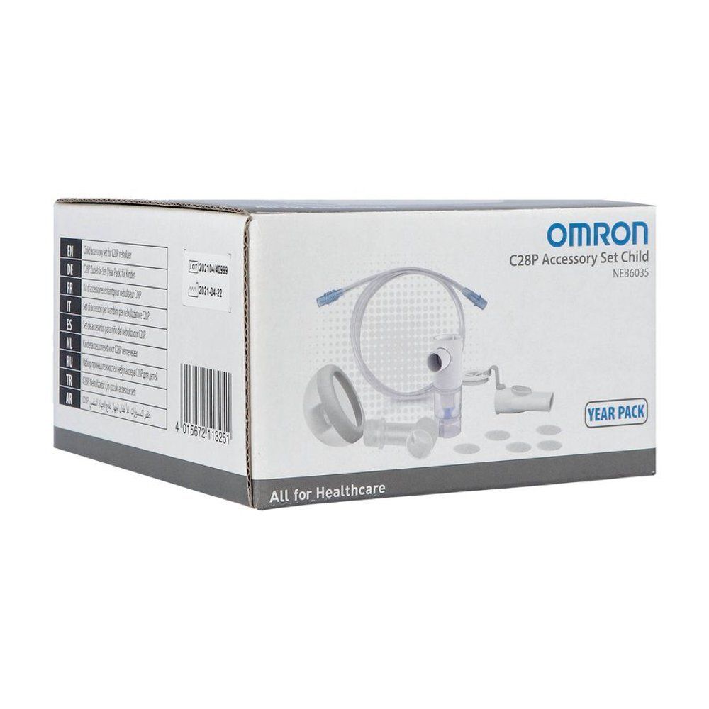 Kit d'accessoires Omron C28P pour enfant. Boîte avec illustration du produit. Contient des accessoires d'inhalation.