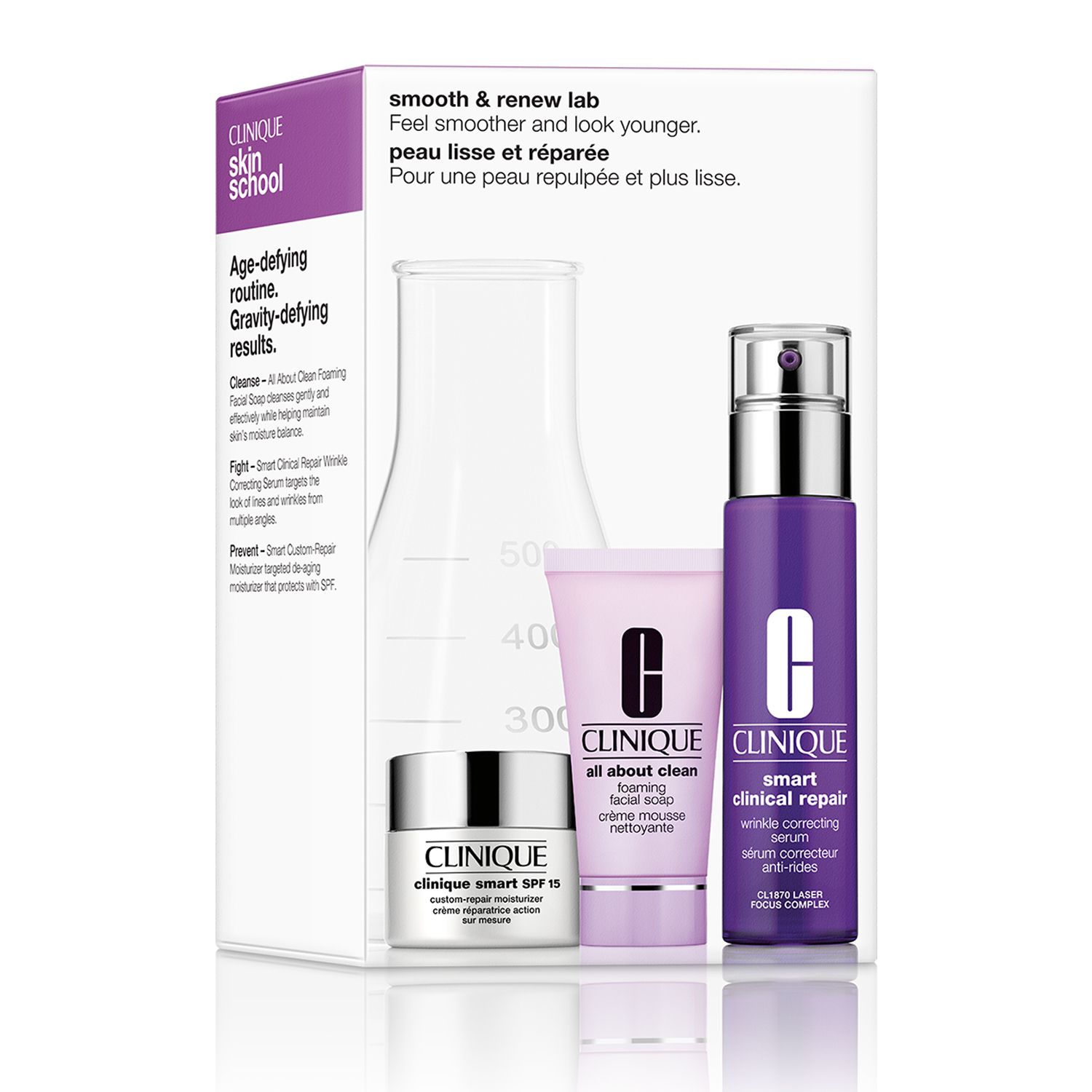 Coffret cadeau CLINIQUE avec crème, mousse nettoyante et sérum. Emballé dans une boîte blanche avec des accents violets.