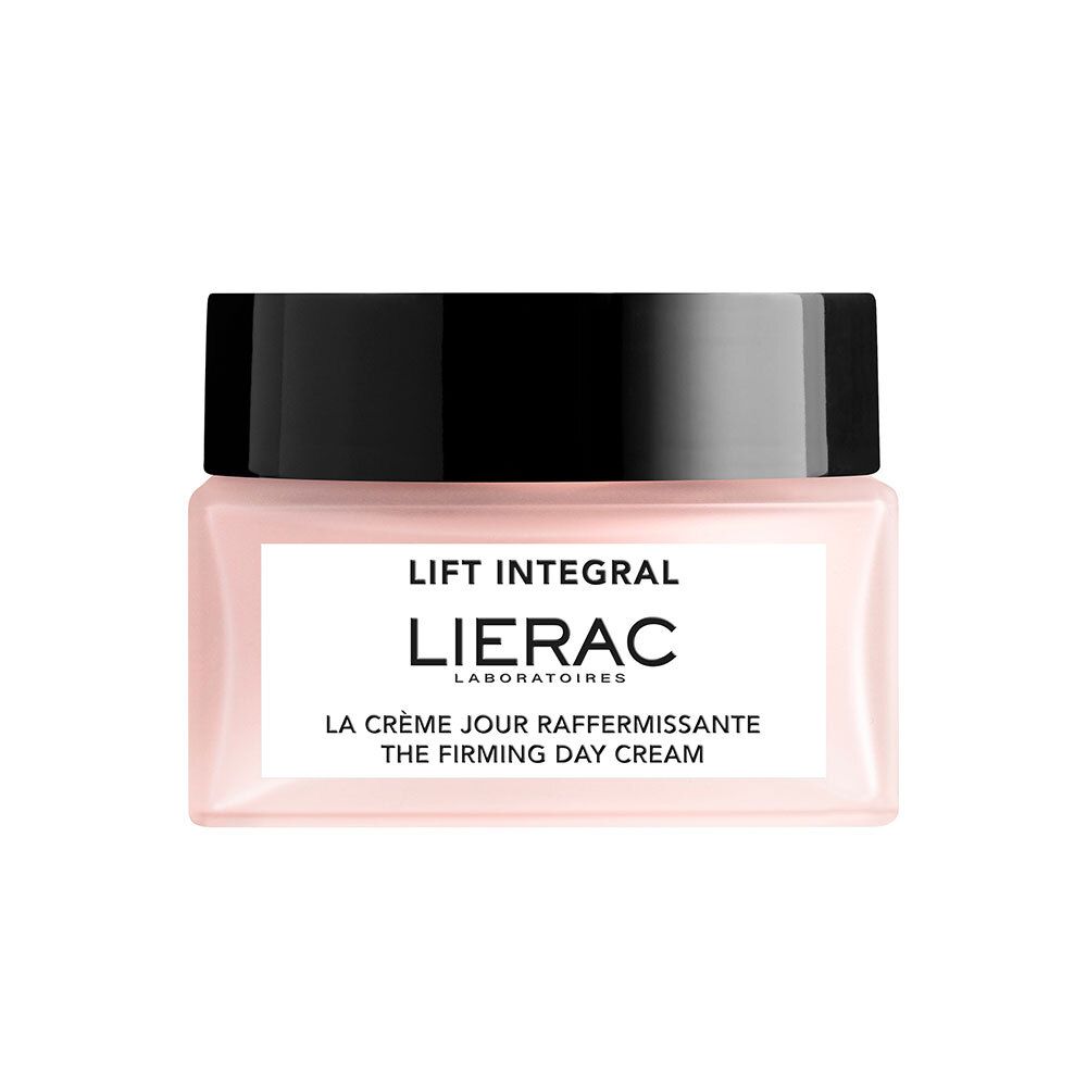 Pot de crème rose avec couvercle noir. Inscription : LIFT INTEGRAL, LIERAC, LA CRÈME JOUR RAFFERMISSANTE, THE FIRMING DAY CREAM.
