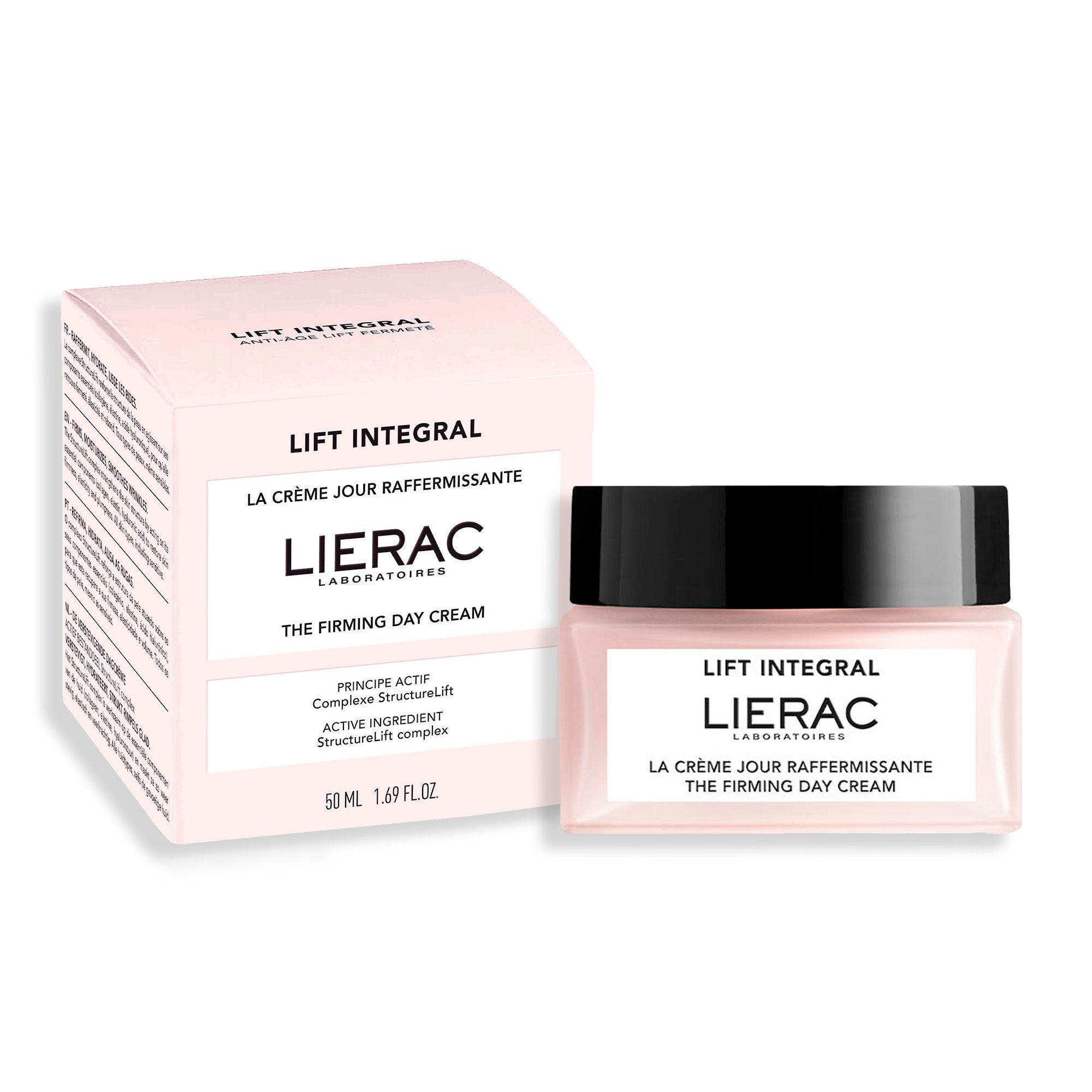 Boîte et pot roses. Inscription: Lierac Lift Integral. Crème de jour. 50 ml.