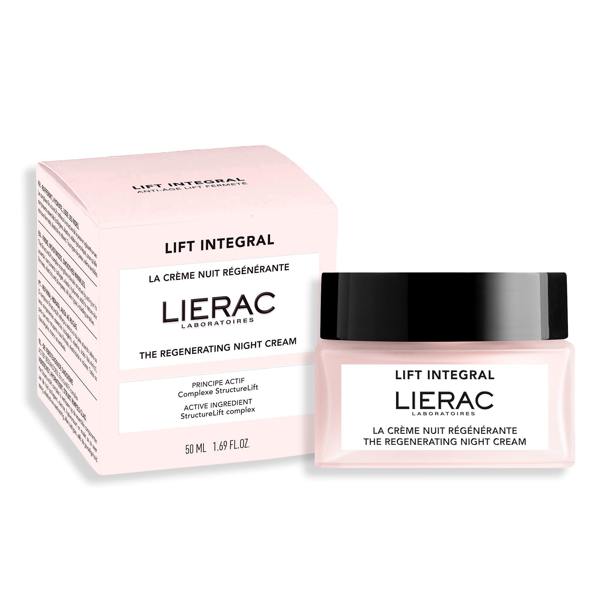 Emballage et pot de produit. Inscription : Lierac, Lift Integral, La Crème Nuit Régénérante.