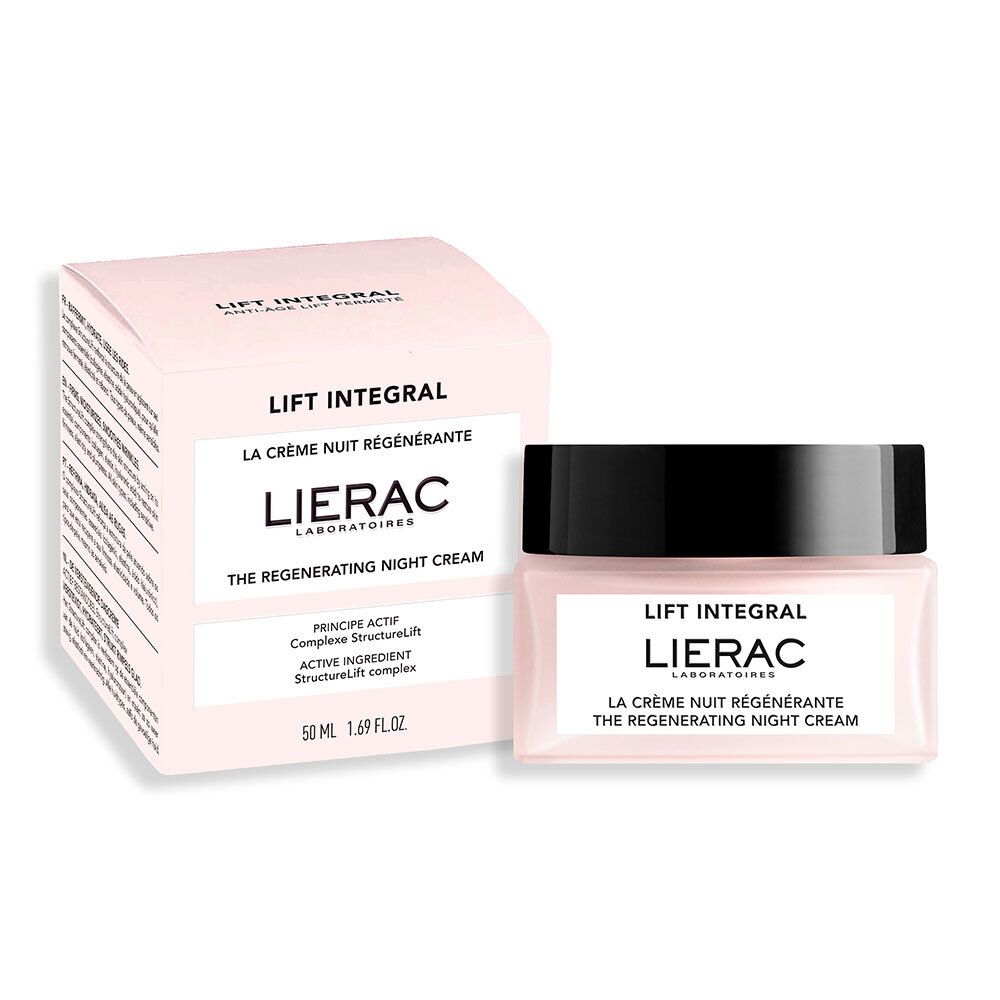 Emballage et pot de crème. Inscription : Lierac, Lift Integral, La Crème Nuit Régénérante.