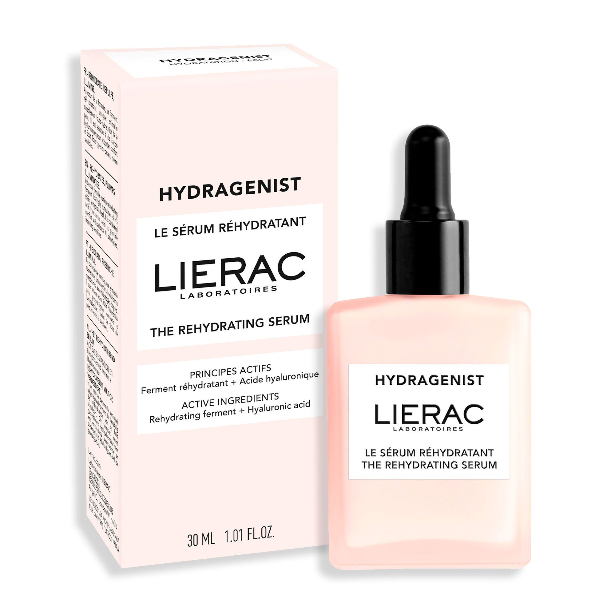 Flacon de sérum rose avec bouchon noir et pipette. Inscription : HYDRAGENIST, LIERAC. Texte : LE SÉRUM RÉHYDRATANT THE REHYDRATING SERUM.