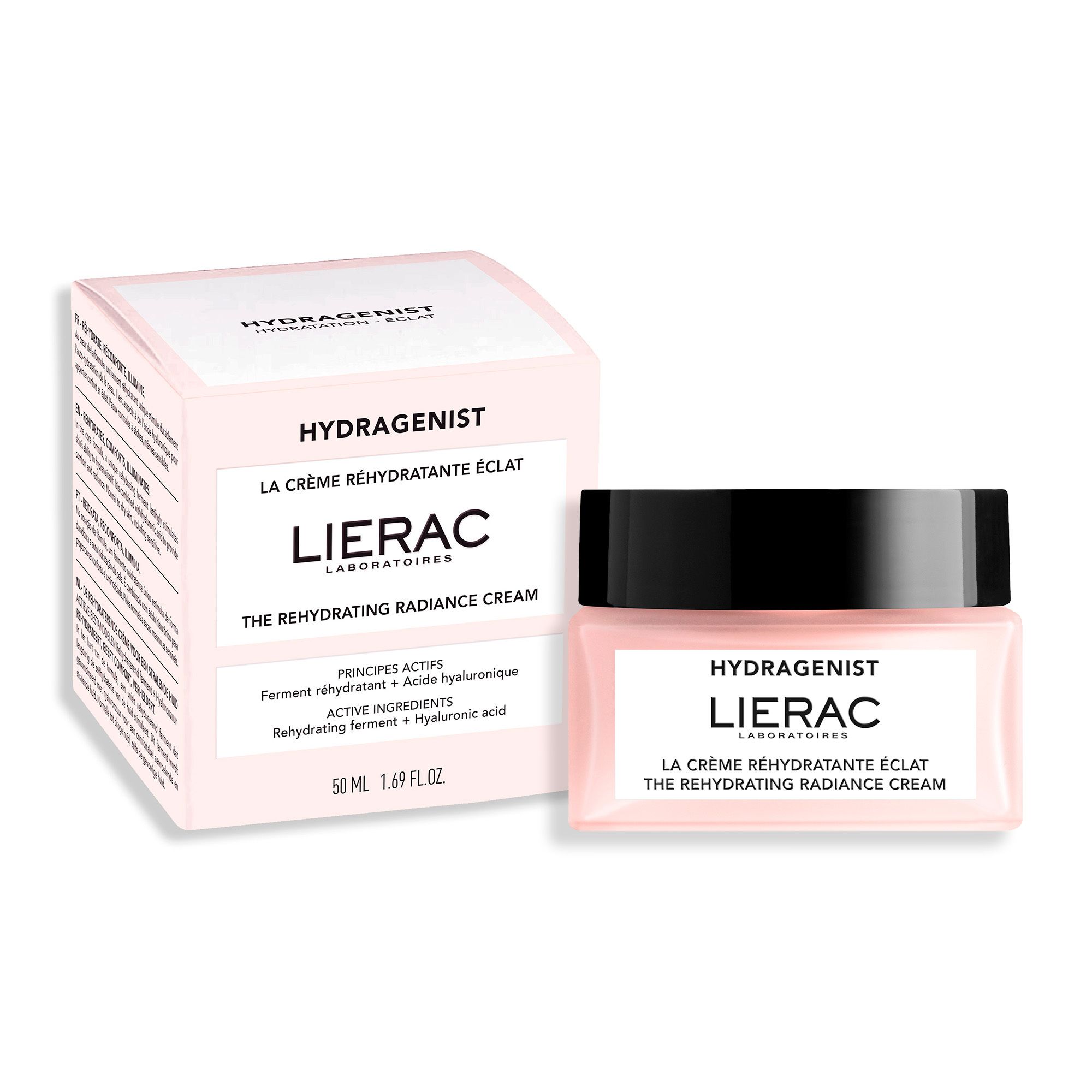 Emballage du produit et pot de crème. Sur l'emballage : HYDRAGENIST, LIERAC, LA CRÈME RÉHYDRATANTE ÉCLAT, 50 ml.