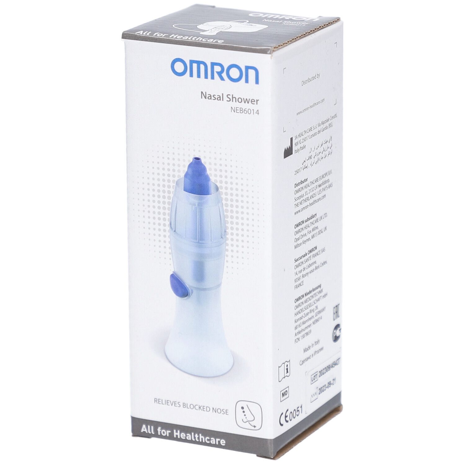 Omron douche nasale dans son emballage. Appareil bleu et blanc avec embout bleu. Boîte avec logo et nom du produit.