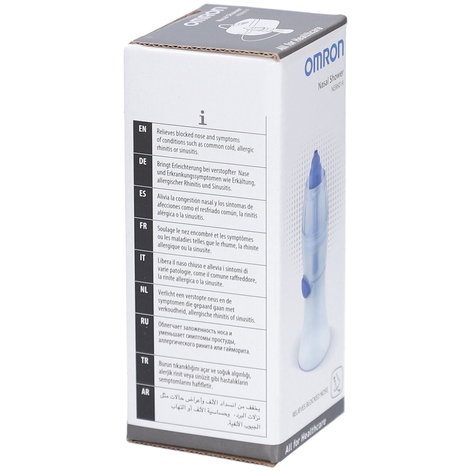 Emballage de la douche nasale Omron. Texte en plusieurs langues, dont l'allemand, l'anglais, le français et l'italien.