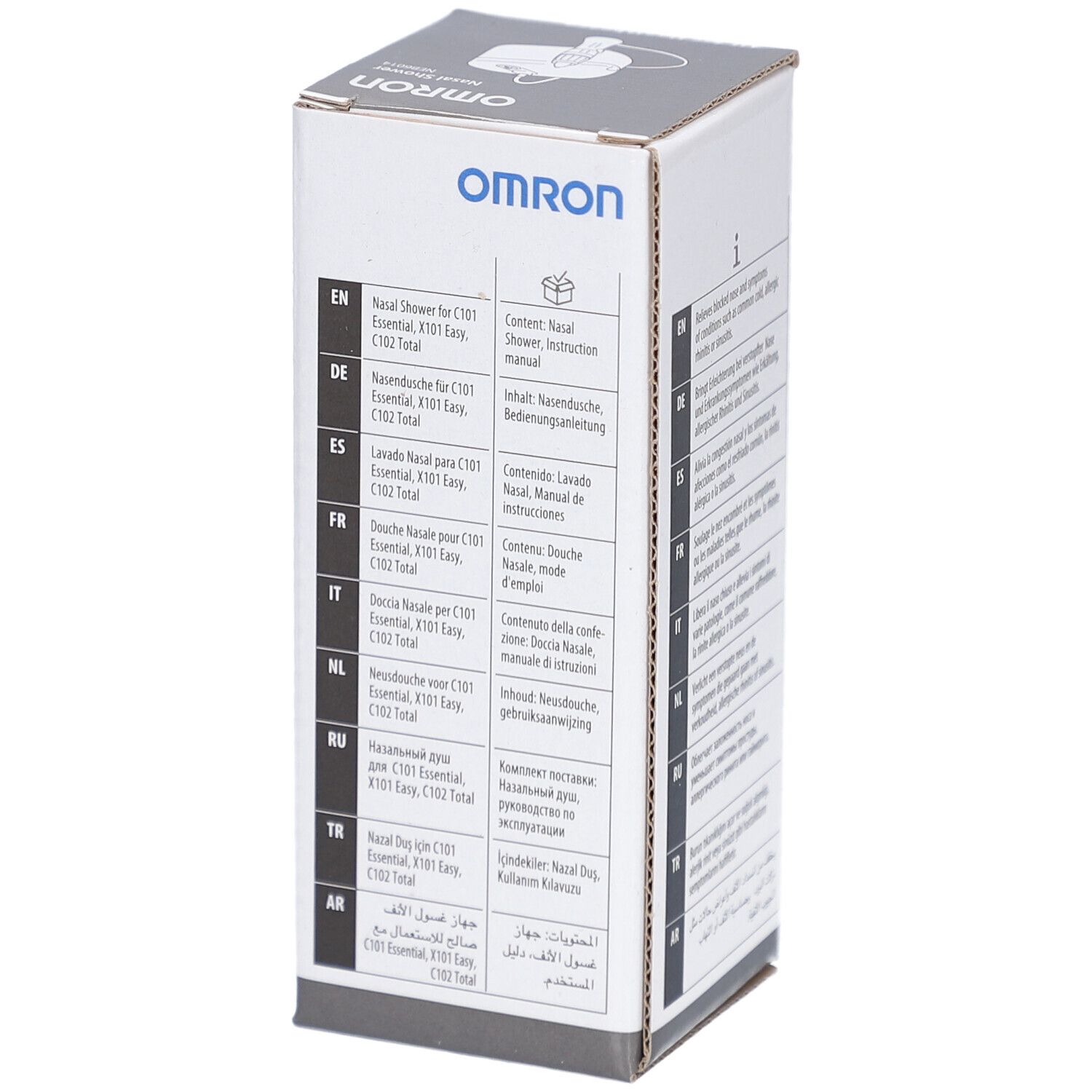 Emballage de la douche nasale Omron. Contient du texte sur le contenu, y compris le manuel d'instructions.