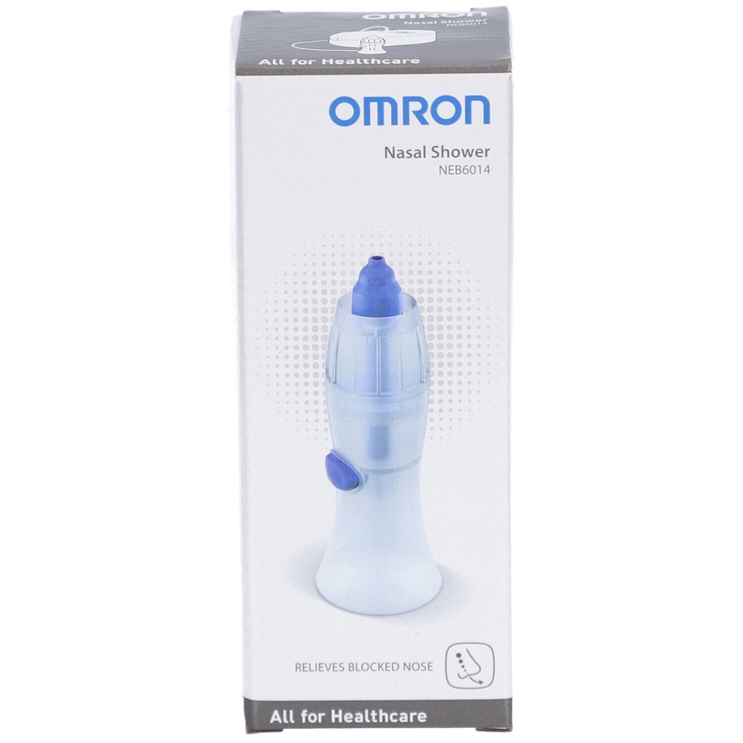 Omron douche nasale dans son emballage. Appareil bleu et blanc avec embout bleu. Boîte avec logo et nom du produit.