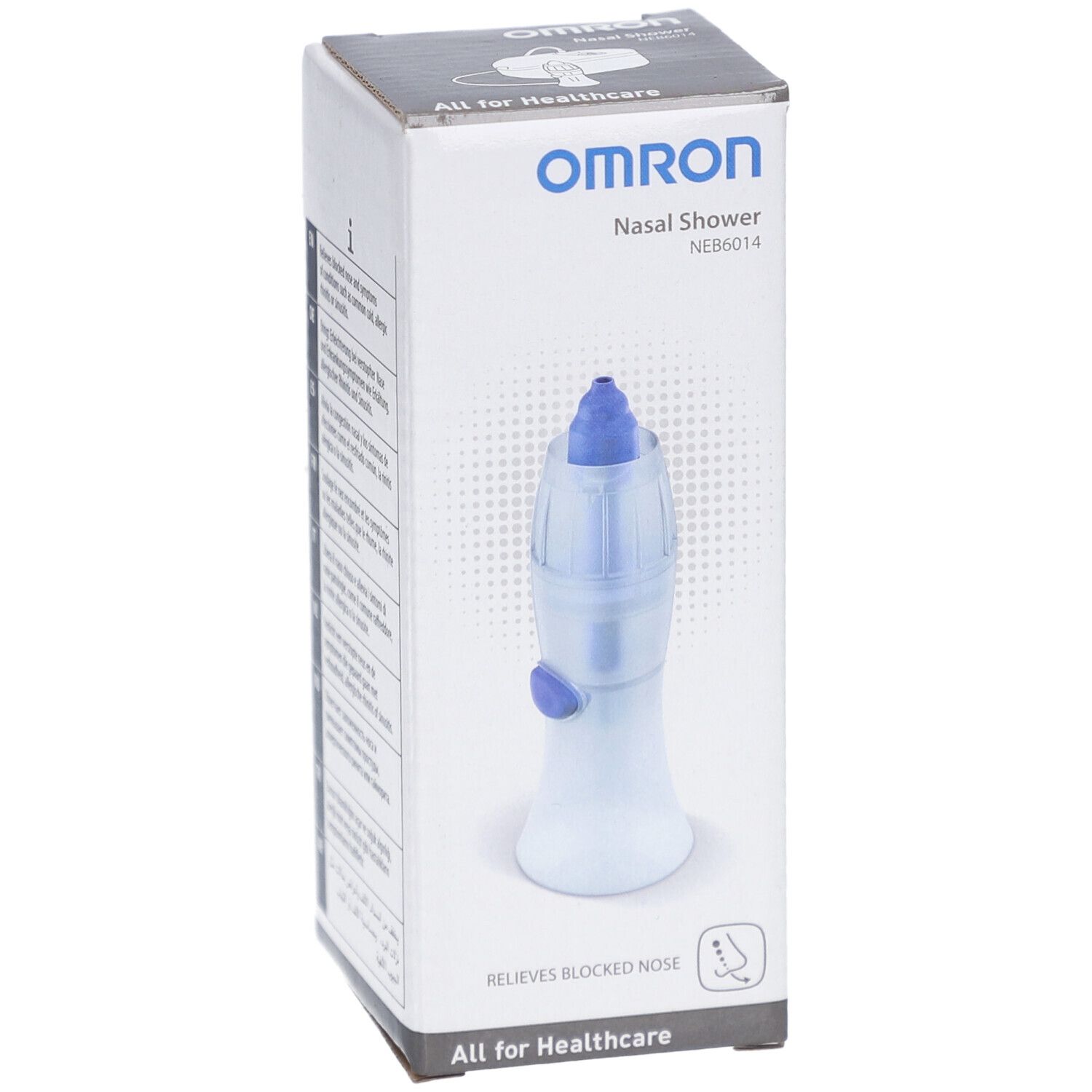 Omron douche nasale dans son emballage. Appareil bleu et blanc avec embout bleu. Boîte avec logo et nom du produit.