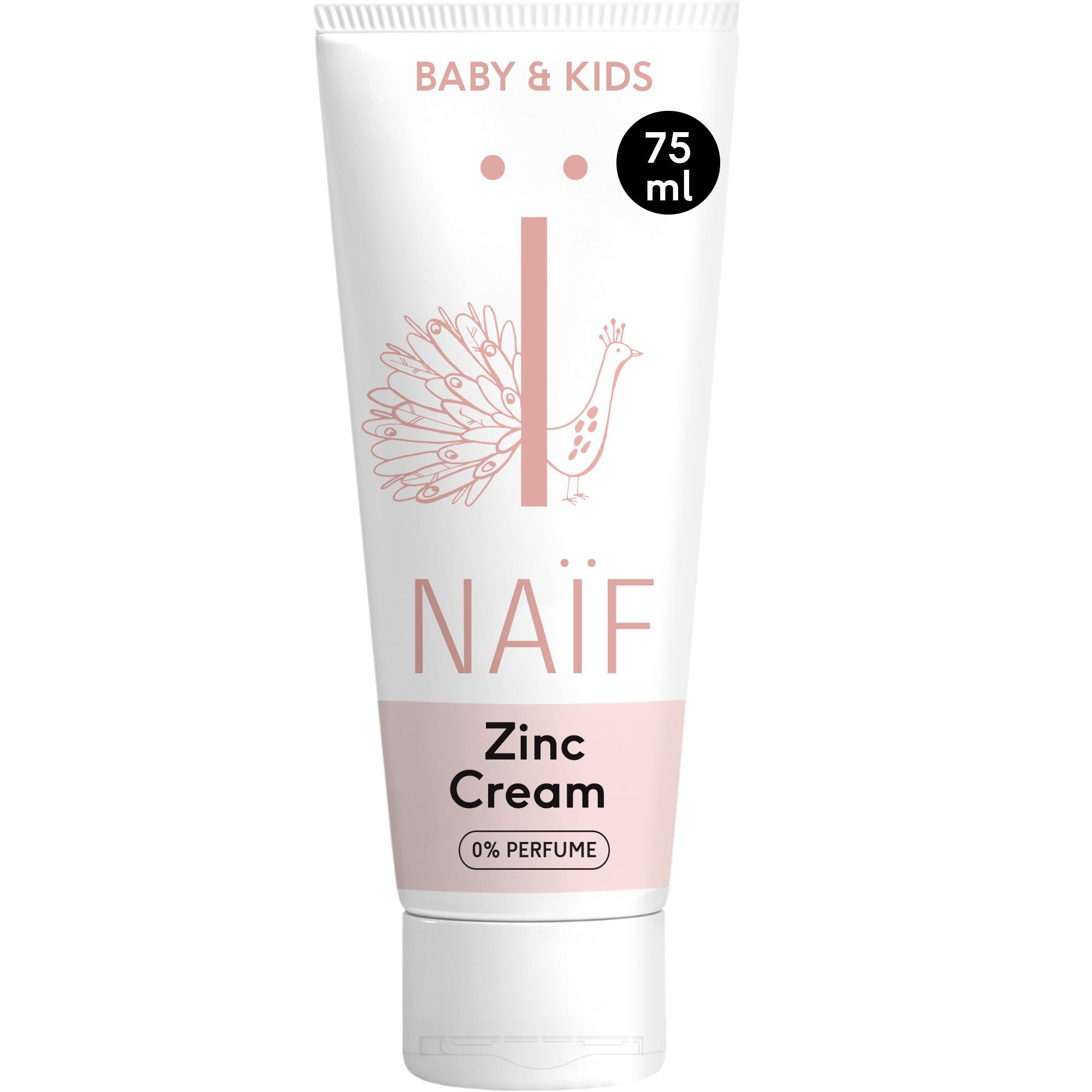 Tube blanc NAÏF® Baby & Kids. Inscription: Zinc Cream, 0% parfum. Illustrations roses.