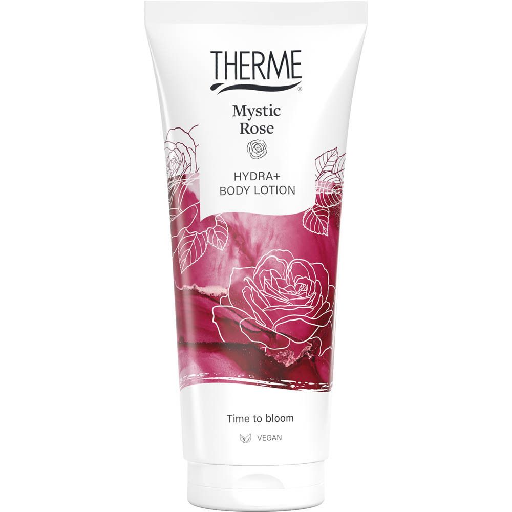 Lotion corporelle THERME Mystic Rose Hydra+ dans un tube blanc avec motif de rose. Mention "New Look" et "VEGAN".