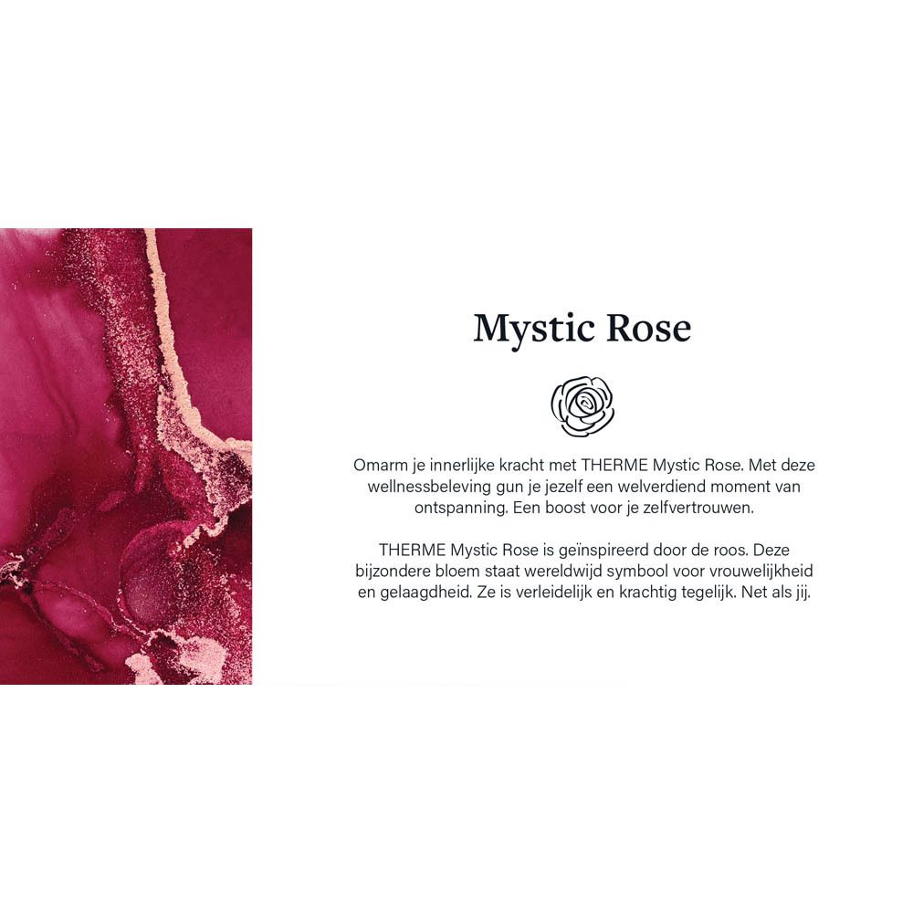 Produits de soins corporels Therme Mystic Rose disposés sur une table.