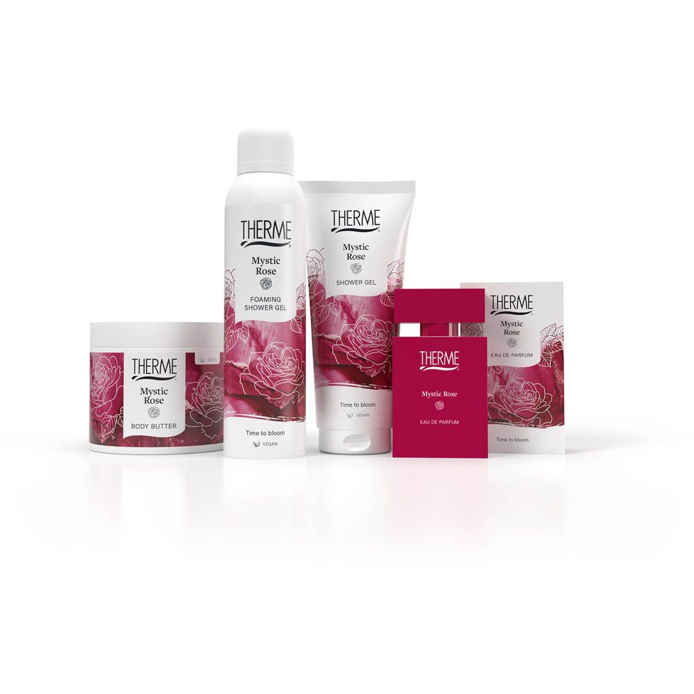 Therme "Guilt-free genieten" avec sceaux pour cosmétiques vegan et emballage FSC.