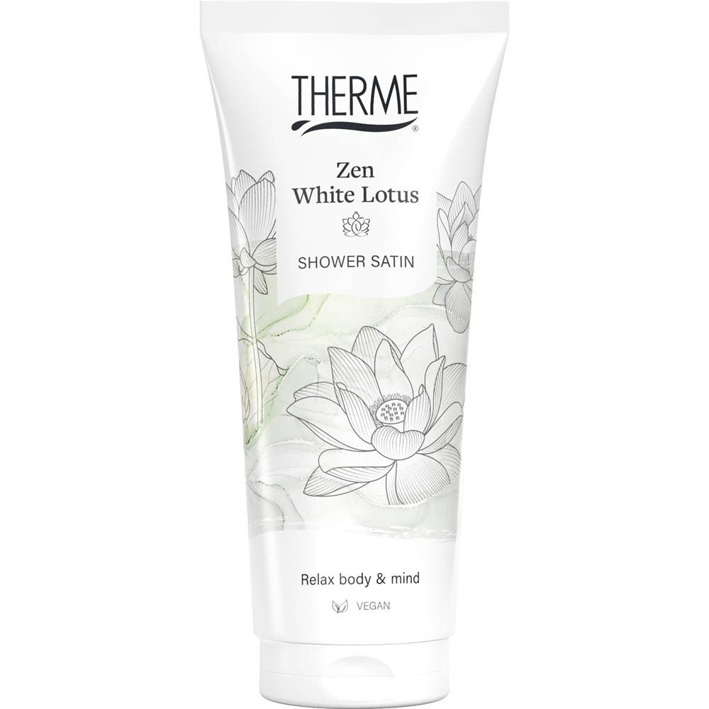 Tube blanche avec logo THERME et design Zen White Lotus. Inscription : Shower Satin. Label végan.