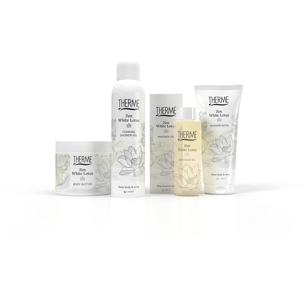 Divers produits THERME. Gamme Zen White Lotus. Bouteilles, pots et tube.