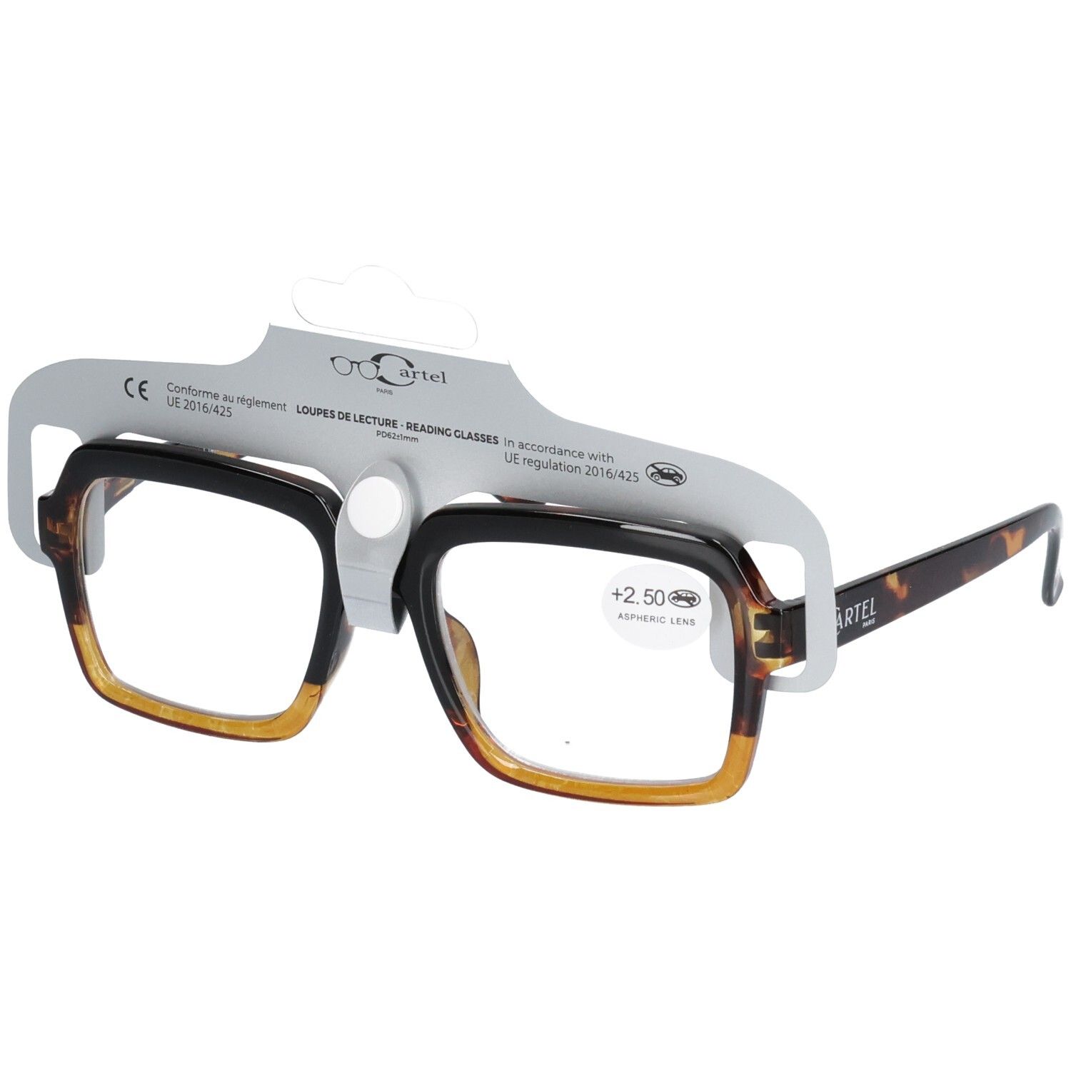 Lunettes de lecture à monture écaille de tortue marron et noire, +2.50 dioptries.