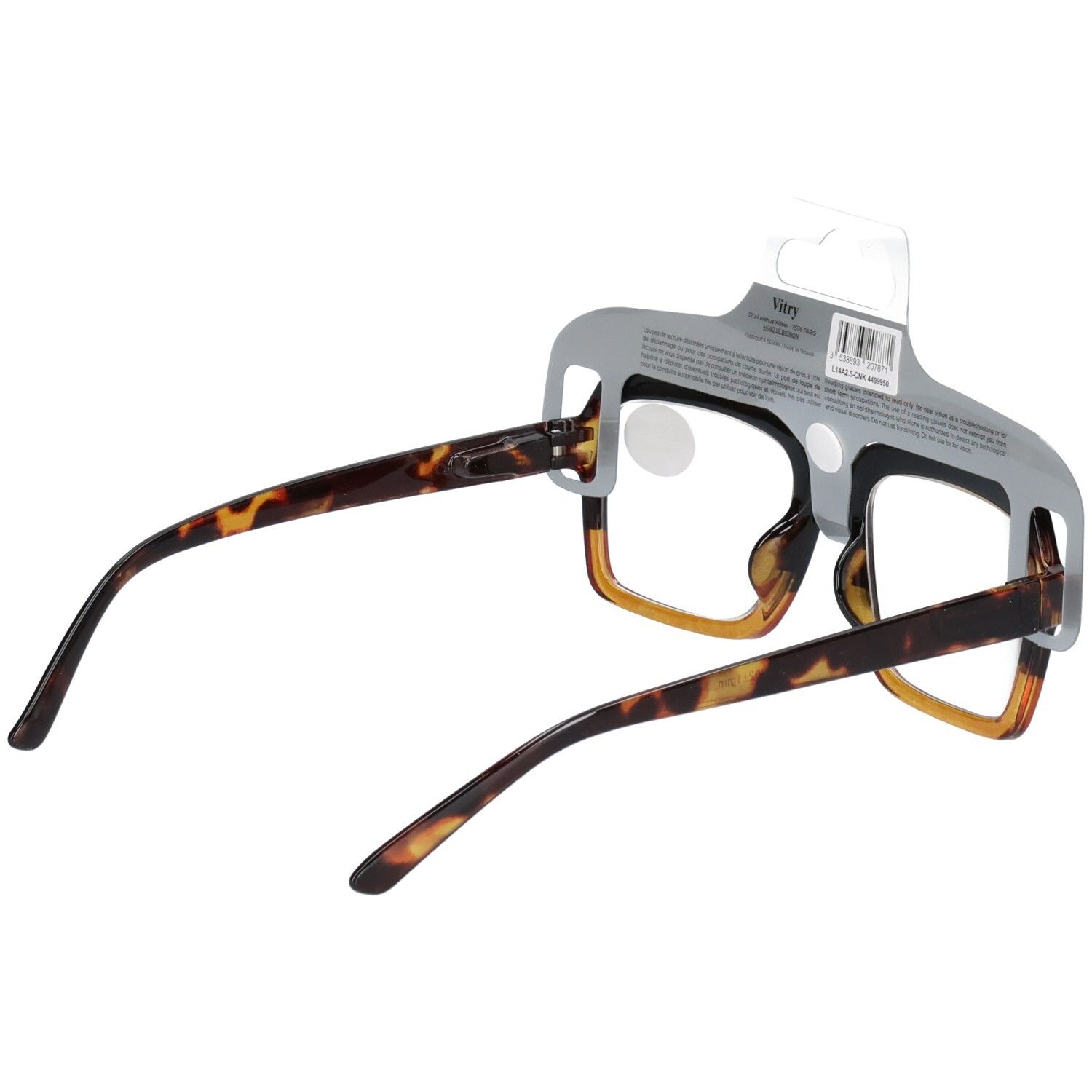 Lunettes de lecture écaille de tortue avec verres rectangulaires, emballées pour la vente au détail.