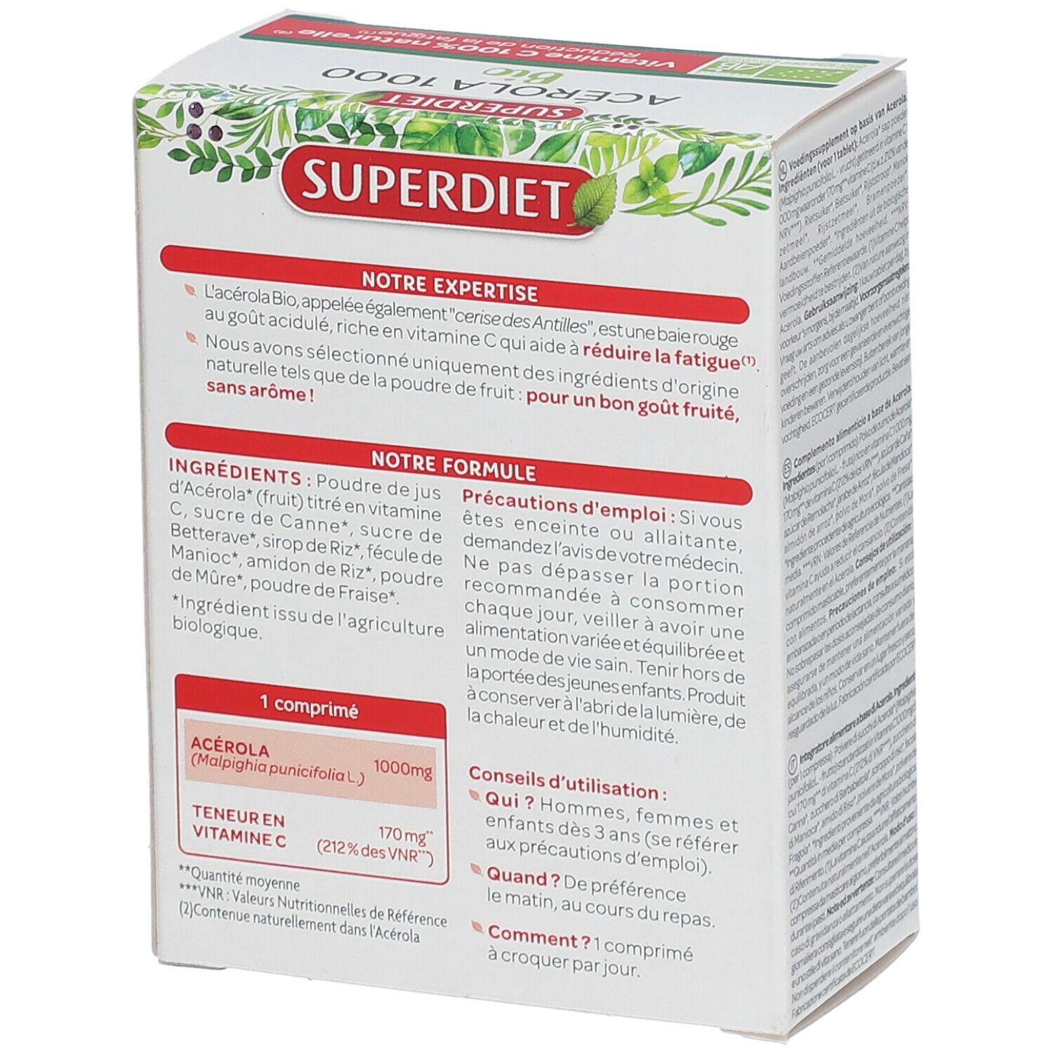 Dos de la boîte SUPER DIET Acérola 1000 Bio. Contient des informations sur les ingrédients et l'utilisation.