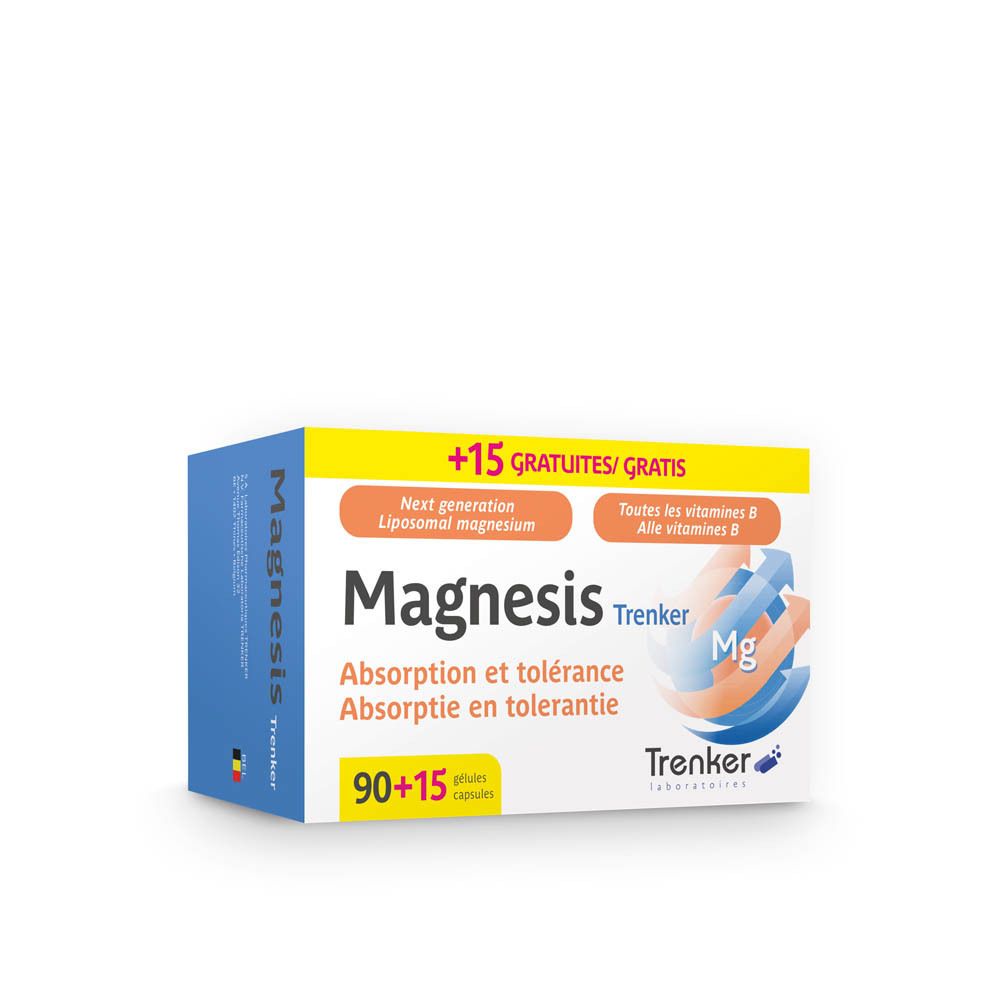 Boîte de gélules Magnesis. Contient 90+15 gélules. Inscription: Absorption et tolérance, Absorptie en tolerantie. Marque: Trenker.