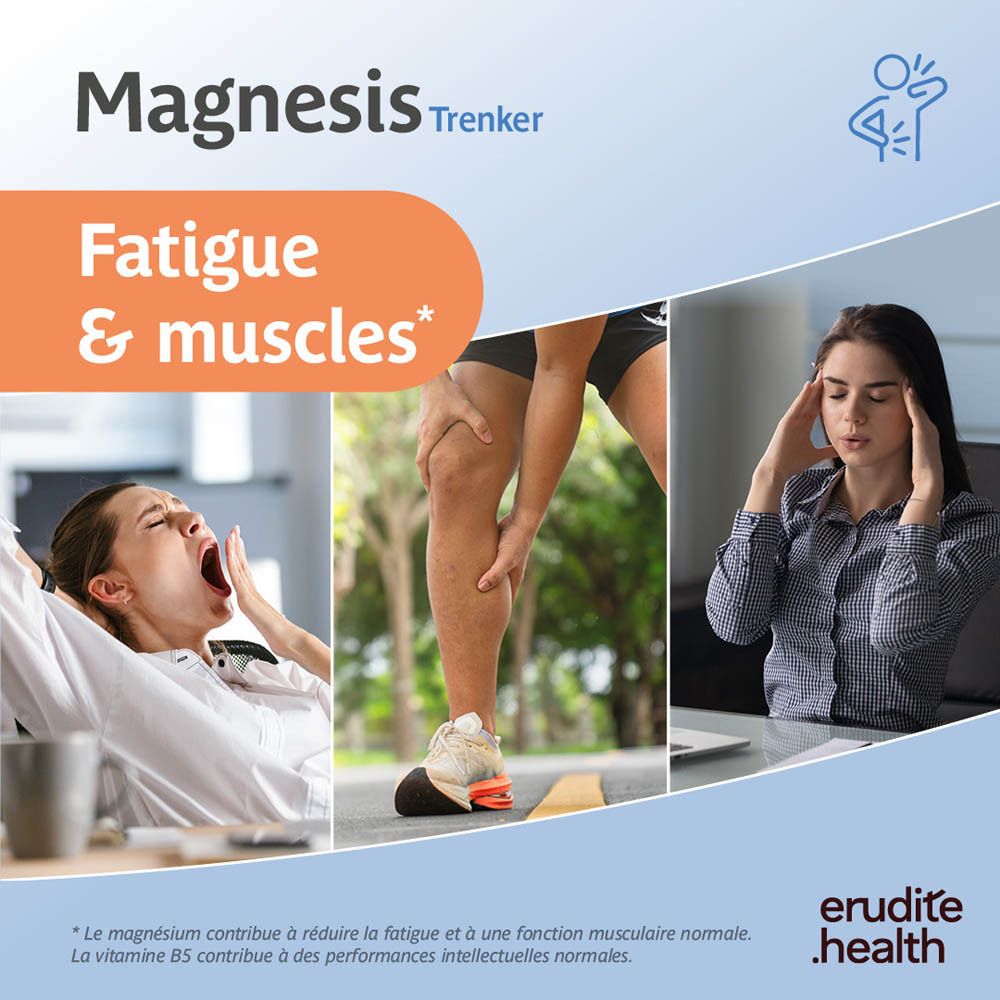 Boîte Magnesis Trenker, verso avec informations sur la fatigue et les muscles.