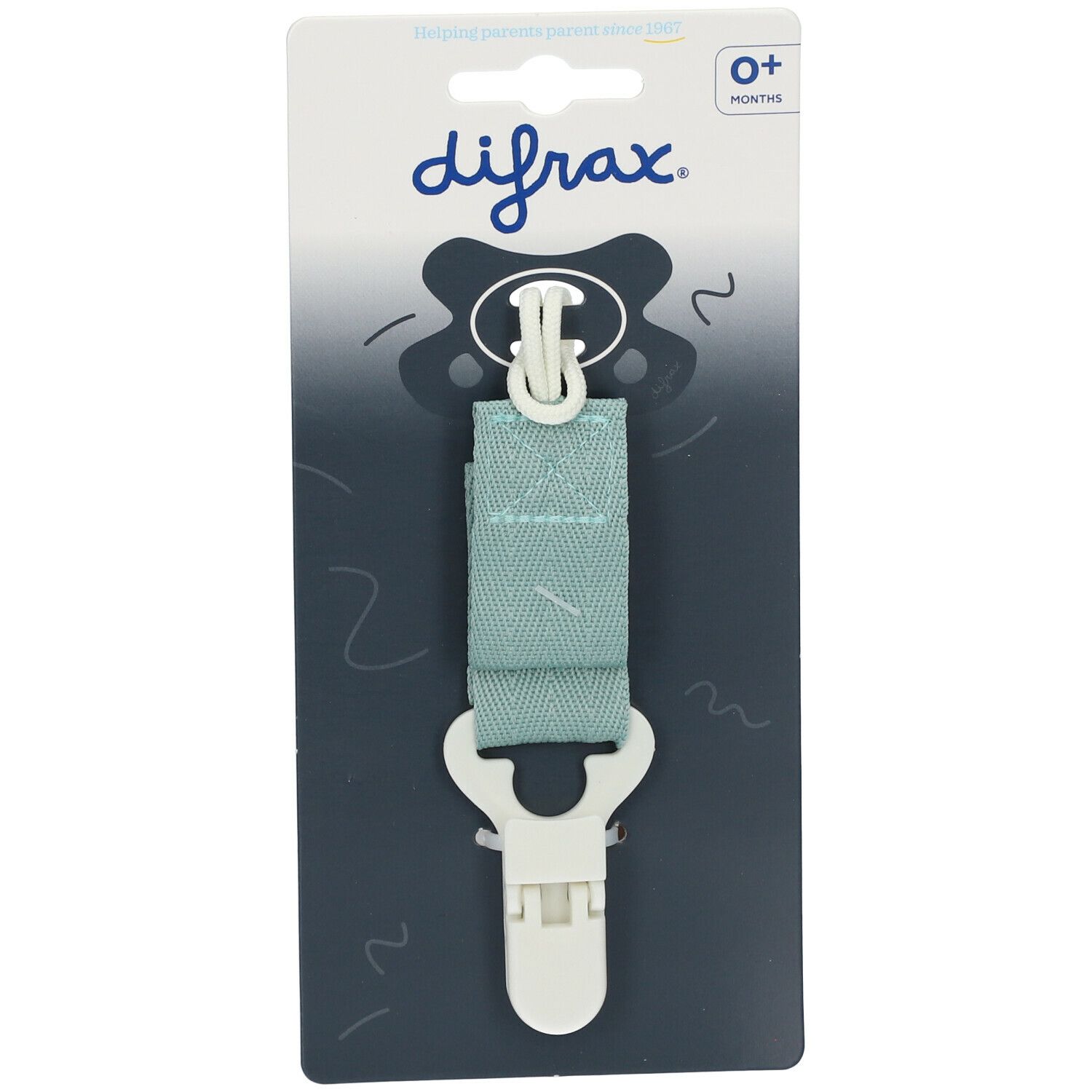 Attache-tétine avec clip et lanière. Lanière textile bleu clair, clip et support blancs. Emballage avec logo.