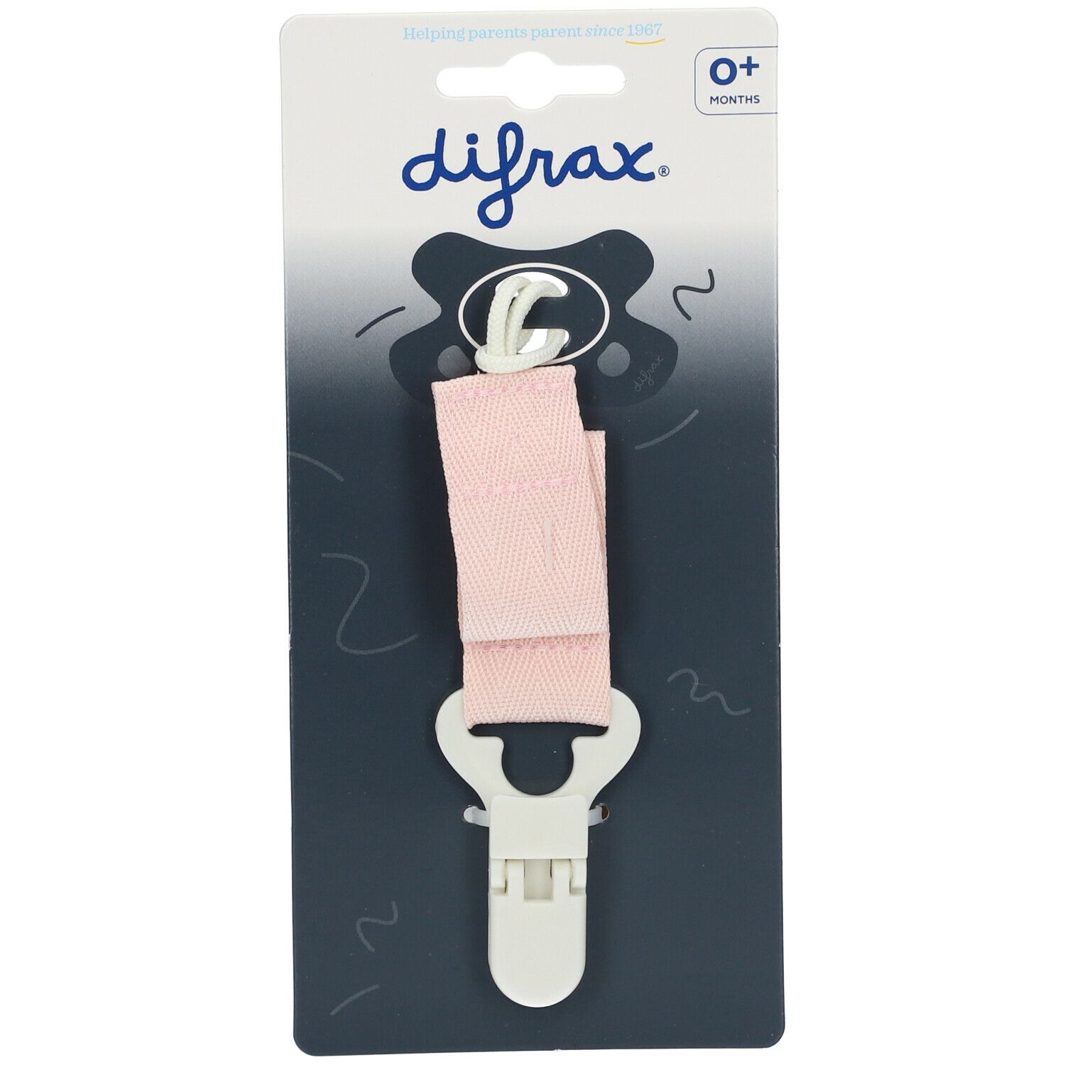 Attache-tétine rose avec clip et support blancs. Sur carte blister avec logo 'difrax' et indication d'âge '0+ mois'.