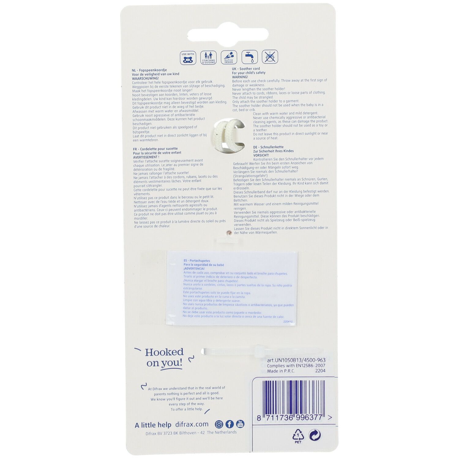 Dos de la carte blister. Texte en plusieurs langues. Contient des informations sur le produit et le fabricant. Avec code-barres.