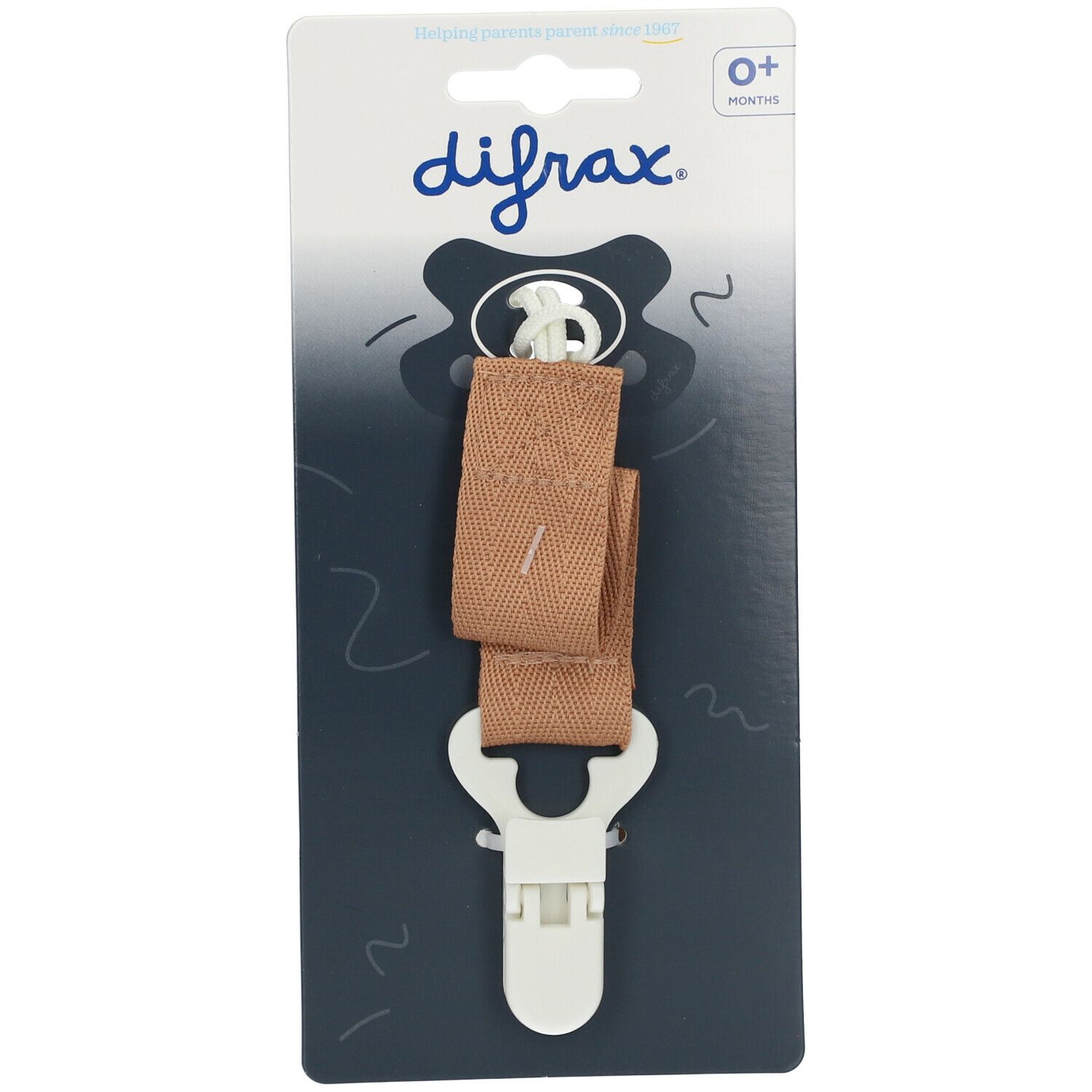 Attache-tétine avec ruban marron et clip blanc. Sur carte blister avec logo et indication d'âge.
