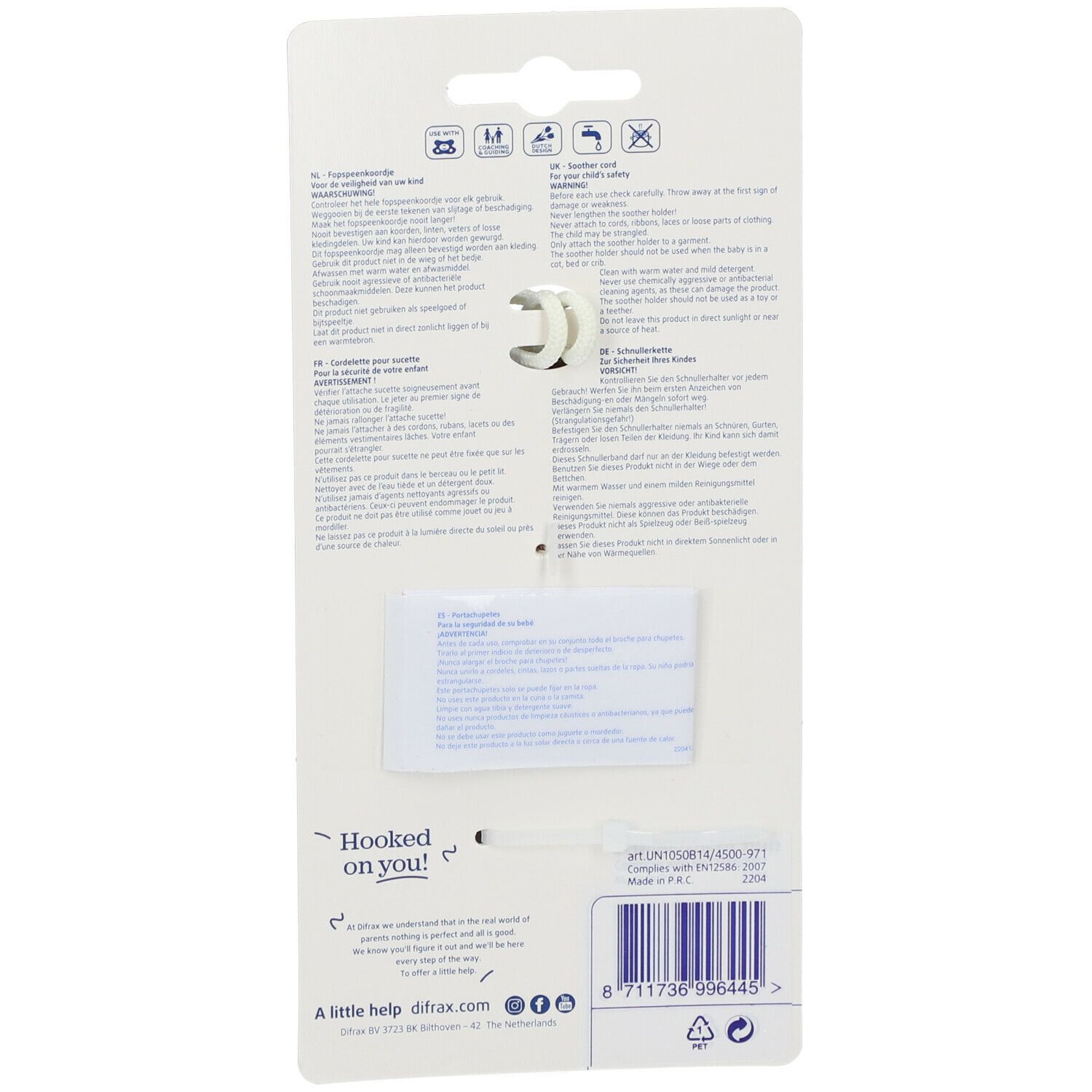 Dos de la carte blister avec texte multilingue. Clip blanc visible.
