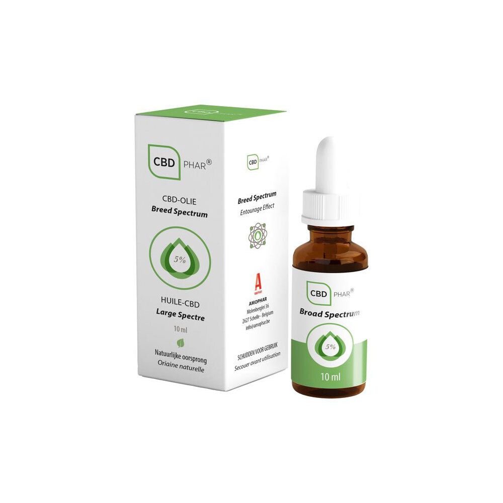 Emballage du produit avec flacon. Inscription: CBD PHAR, Huile CBD, Large Spectre, 5%, 10 ml. Informations supplémentaires.