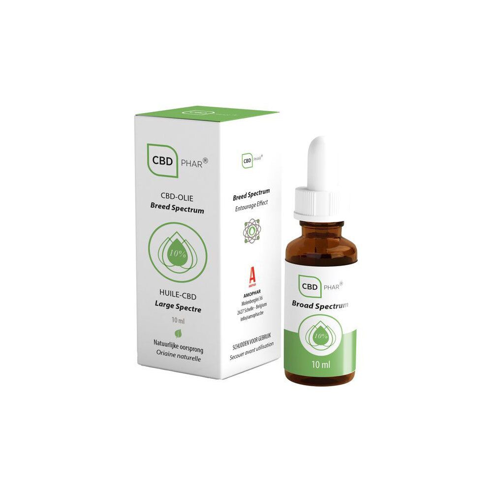 Emballage du produit avec flacon. Boîte blanche avec CBD-PHAR, huile de CBD, Broad Spectrum, 10% et 10 ml.