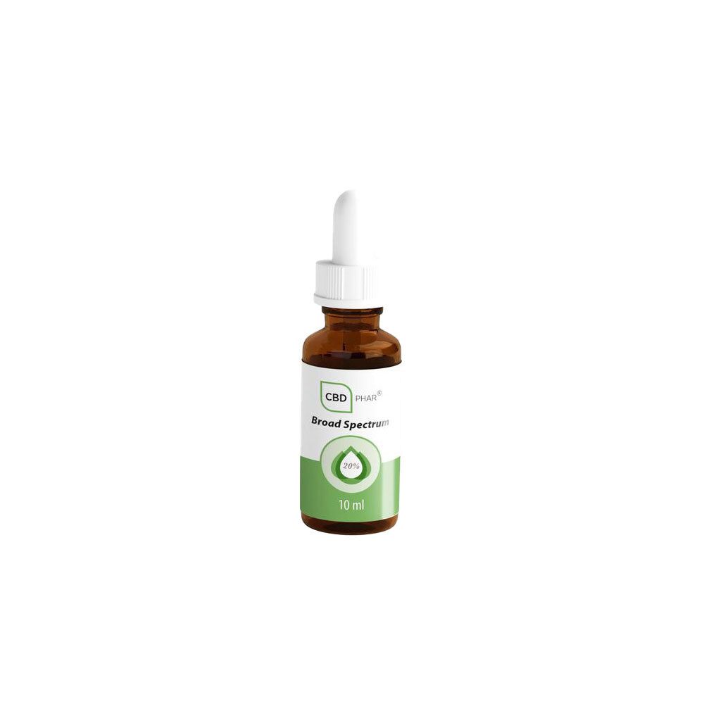Flacon en verre brun avec pipette, 10 ml, huile CBD Broad Spectrum.