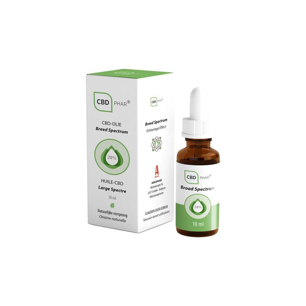 Flacon et boîte d'huile CBD, 10ml, 20% CBD, Broad Spectrum.