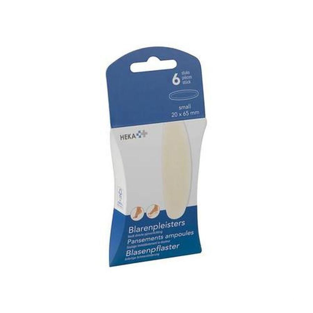 Emballage de 6 pansements ampoules, 20 x 65 mm. Logo Heka. Nom du produit et taille. Emballage bleu et blanc.