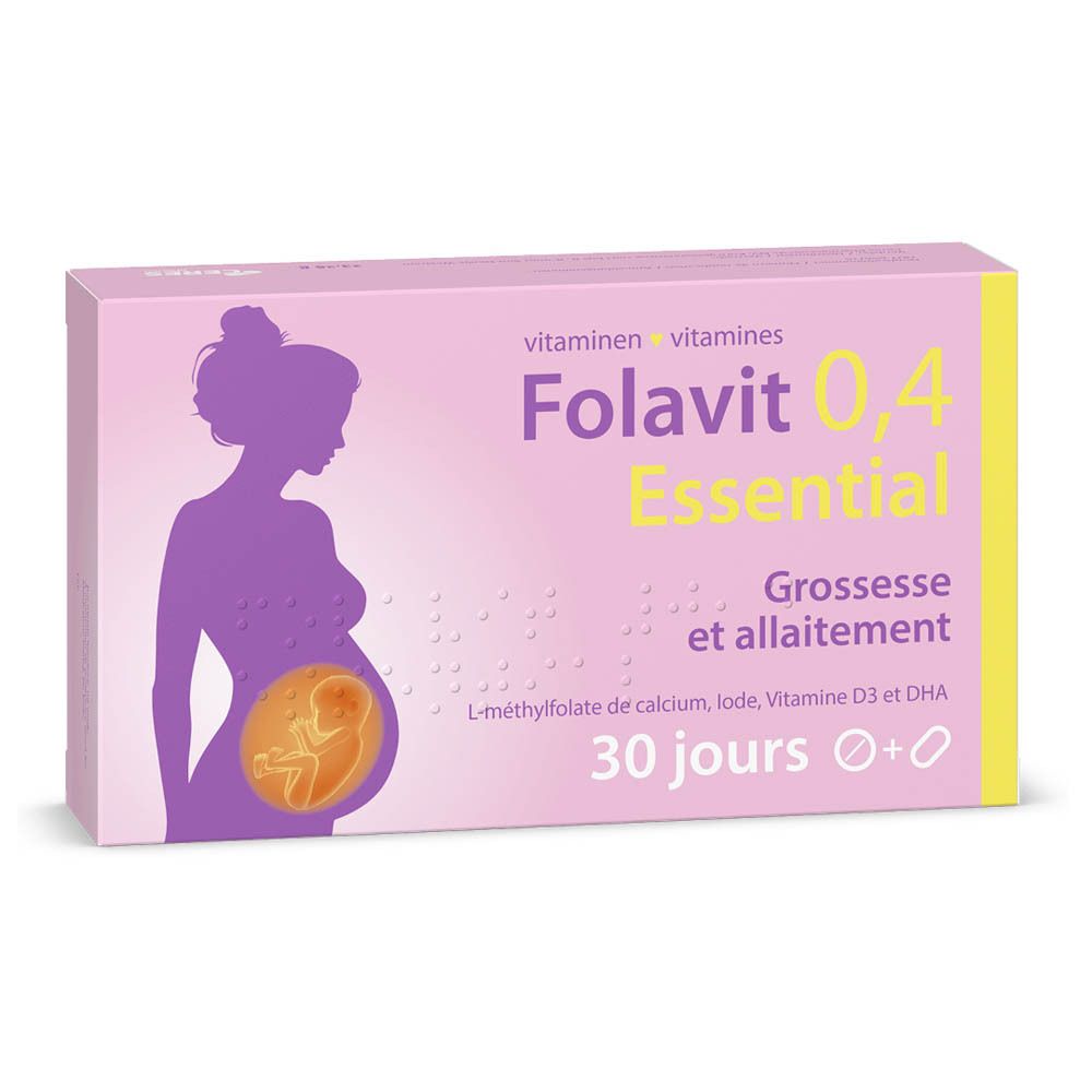 Boîte rose Folavit 0,4 Essential. Silhouette d'une femme enceinte avec un fœtus.