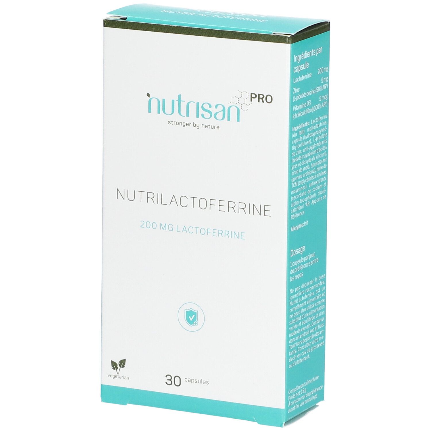 Boîte blanche avec "Nutrisan Pro" et "Nutrilactoferrine". Contient 30 gélules. Inscription : 200 mg de lactoferrine.